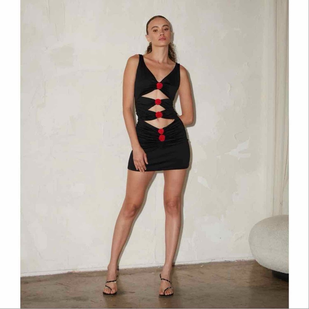 Delfi Collective Shay Short Dress Size XS Black Mini Cutout Red Rose Rosette NWT